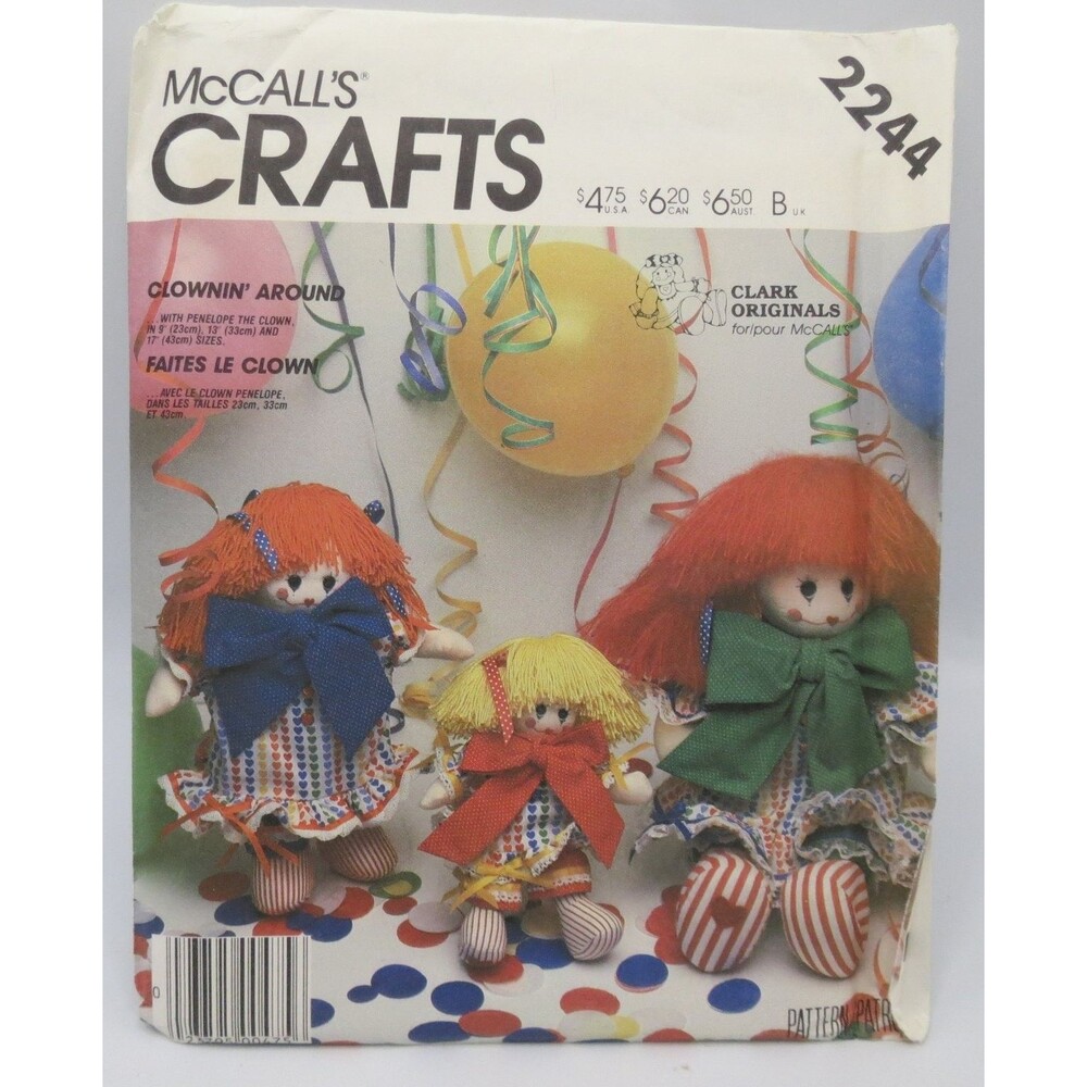 McCall's 2244 Clown Dolls Small Medium Large 9-17" 1980s Vintage Craft